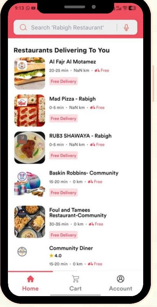 Restaurant search and listing screen