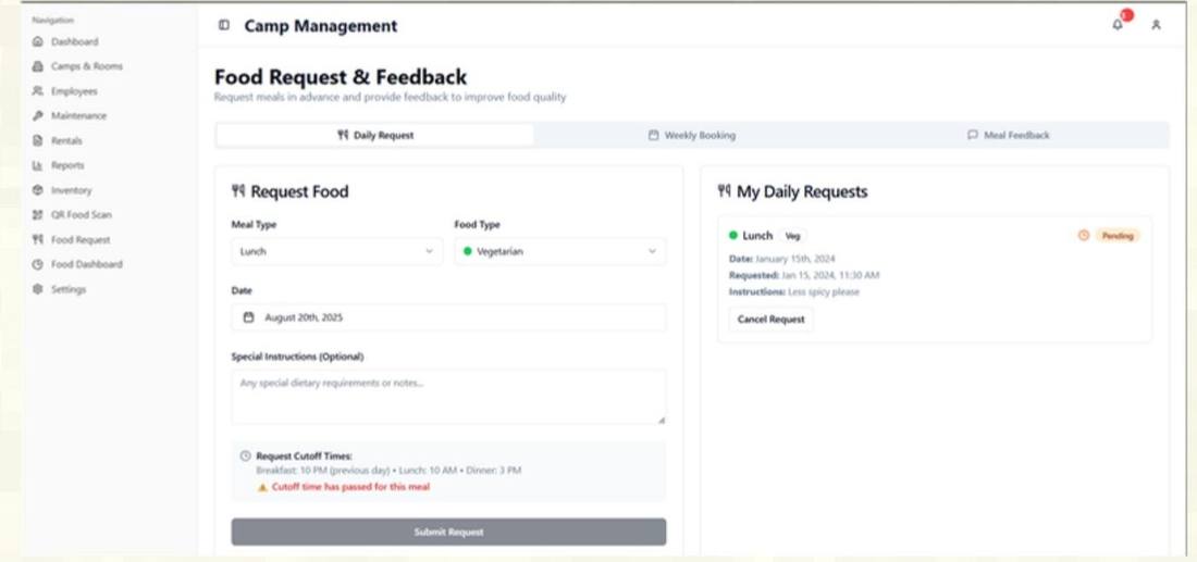 Food request and feedback screen