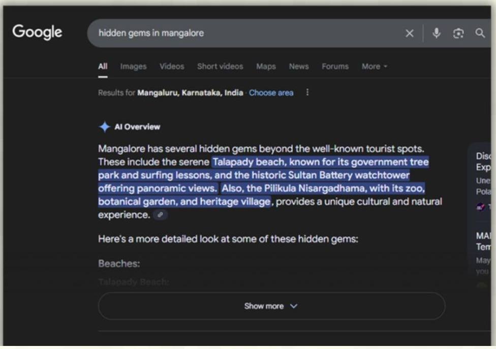 Google AI Overview SEO result for Mangalore hidden gems